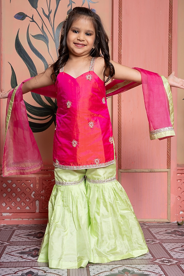 Lime Green Pure Silk & Organza Flared Sharara Set For Girls by Kirti Agarwal Pret n Couture at Pernia's Pop Up Shop