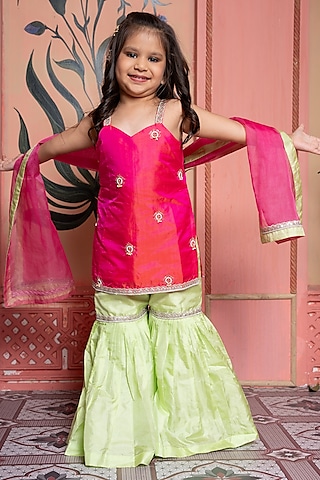 Lime Green Pure Silk & Organza Flared Sharara Set For Girls by Kirti Agarwal Pret n Couture