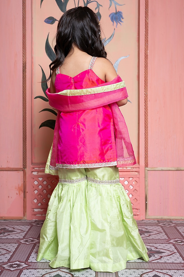 Lime Green Pure Silk & Organza Flared Sharara Set For Girls by Kirti Agarwal Pret n Couture at Pernia's Pop Up Shop