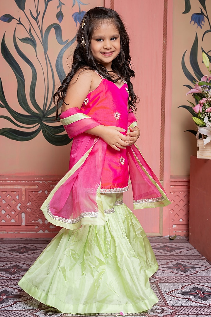 Lime Green Pure Silk & Organza Flared Sharara Set For Girls by Kirti Agarwal Pret n Couture at Pernia's Pop Up Shop