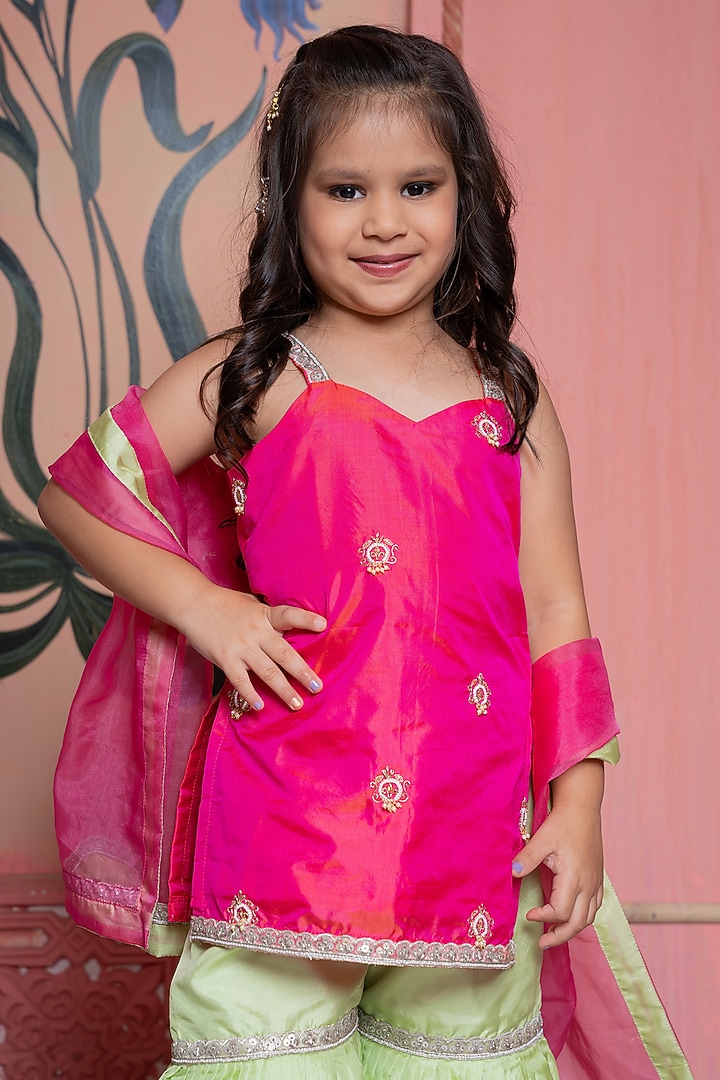 Lime Green Pure Silk & Organza Flared Sharara Set For Girls by Kirti Agarwal Pret n Couture at Pernia's Pop Up Shop