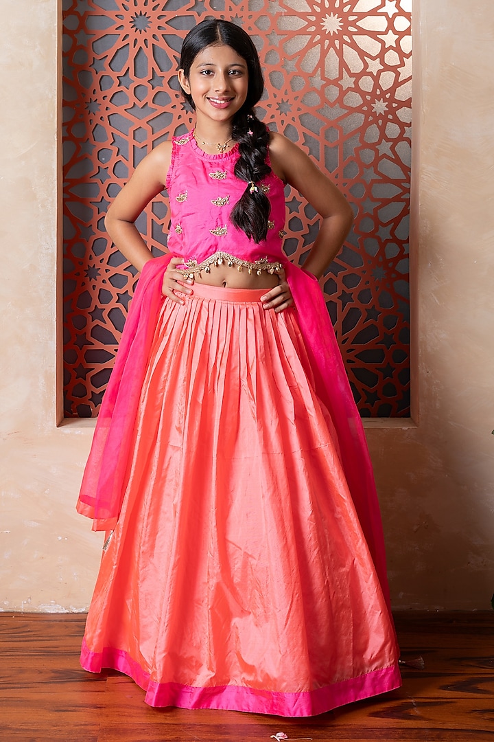Orange Pure Silk & Organza Lehenga Set For Girls by Kirti Agarwal Pret n Couture at Pernia's Pop Up Shop