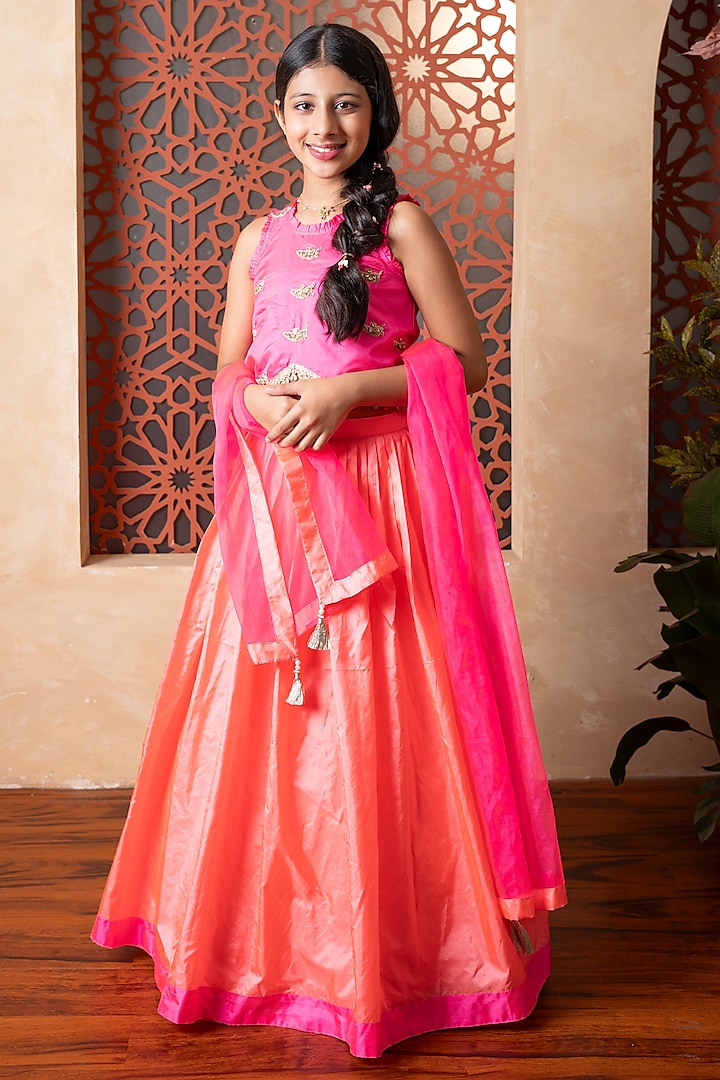 Orange Pure Silk & Organza Lehenga Set For Girls by Kirti Agarwal Pret n Couture at Pernia's Pop Up Shop