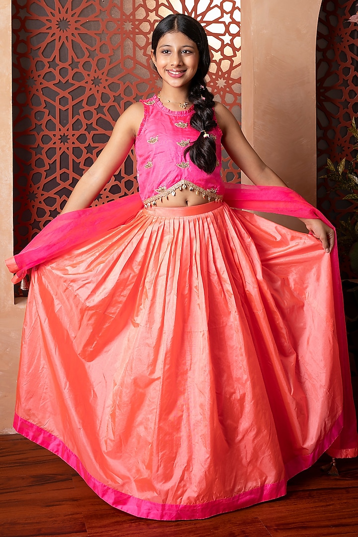Orange Pure Silk & Organza Lehenga Set For Girls by Kirti Agarwal Pret n Couture at Pernia's Pop Up Shop