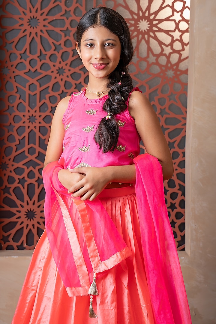 Orange Pure Silk & Organza Lehenga Set For Girls by Kirti Agarwal Pret n Couture at Pernia's Pop Up Shop