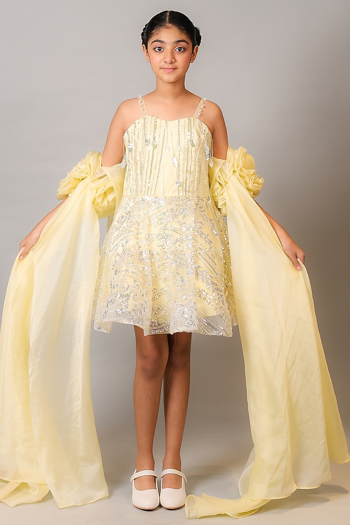 Yellow Net & Organza Embroidered Dress For Girls by Kirti Agarwal Pret n Couture at Pernia's Pop Up Shop
