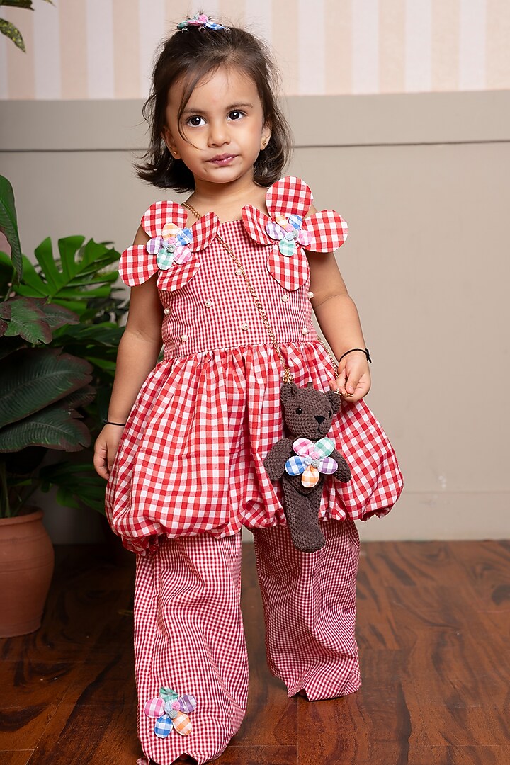 Red & White Pure Cotton Floral Applique Embellished Co-Ord Set For Girls by Kirti Agarwal Pret n Couture at Pernia's Pop Up Shop