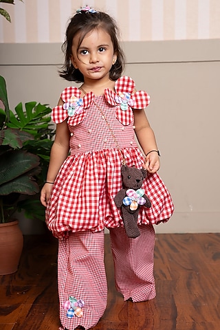 Red & White Pure Cotton Floral Applique Embellished Co-Ord Set For Girls by Kirti Agarwal Pret n Couture