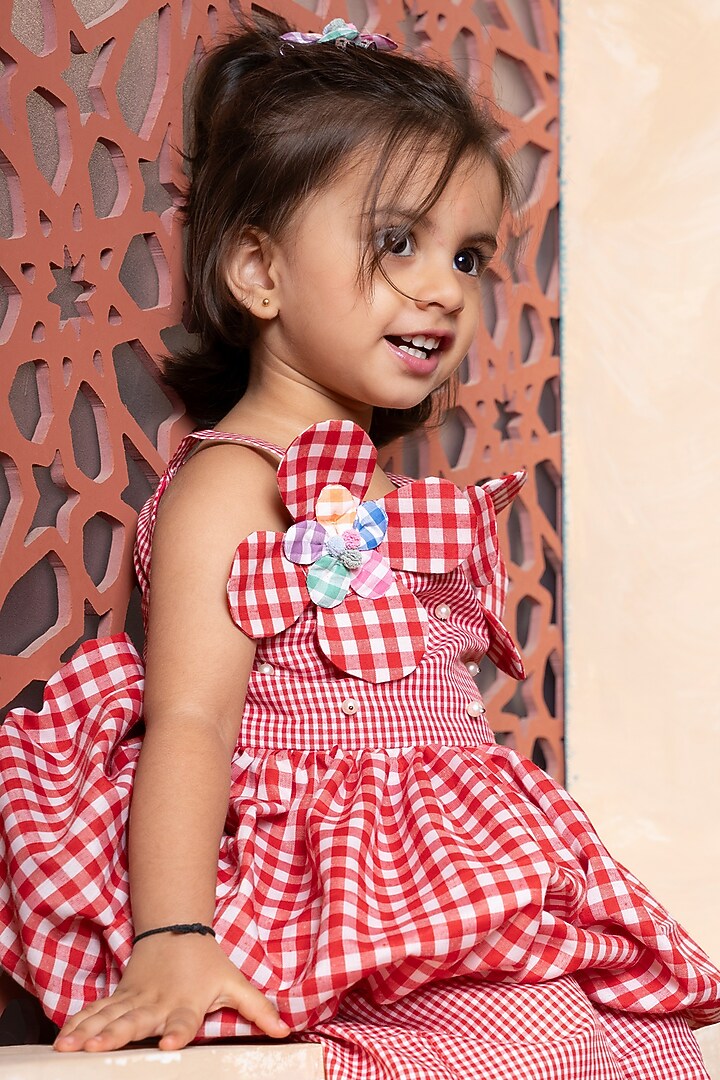 Red & White Pure Cotton Floral Applique Embellished Co-Ord Set For Girls by Kirti Agarwal Pret n Couture at Pernia's Pop Up Shop