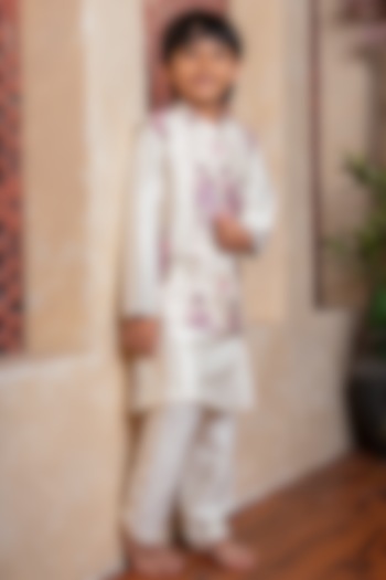 Ivory Silk & Spun Silk Floral Embroidered Nehru Jacket Set For Boys by Kirti Agarwal Pret n Couture at Pernia's Pop Up Shop