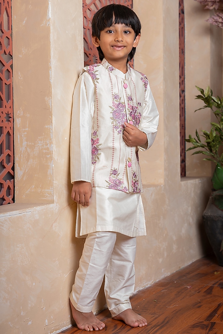 Ivory Silk & Spun Silk Floral Embroidered Nehru Jacket Set For Boys by Kirti Agarwal Pret n Couture at Pernia's Pop Up Shop