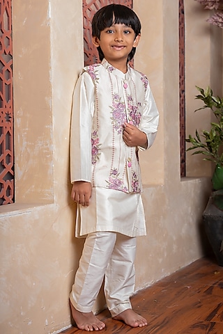 Ivory Silk & Spun Silk Floral Embroidered Nehru Jacket Set For Boys by Kirti Agarwal Pret n Couture