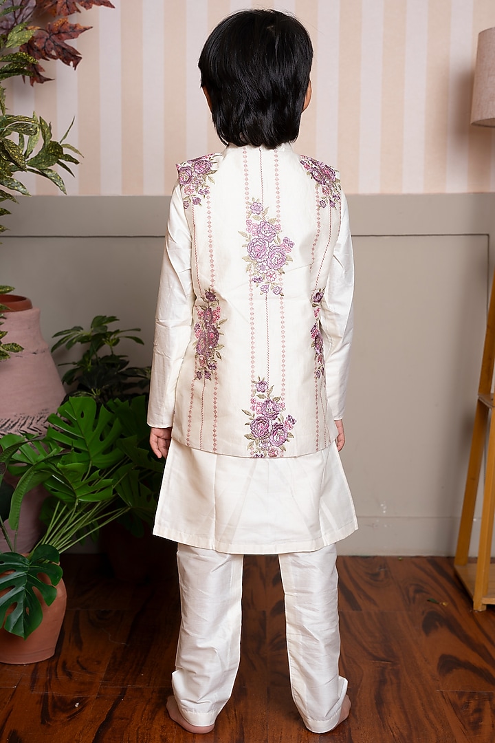 Ivory Silk & Spun Silk Floral Embroidered Nehru Jacket Set For Boys by Kirti Agarwal Pret n Couture at Pernia's Pop Up Shop
