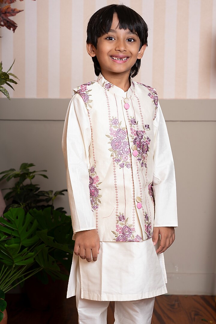 Ivory Silk & Spun Silk Floral Embroidered Nehru Jacket Set For Boys by Kirti Agarwal Pret n Couture at Pernia's Pop Up Shop