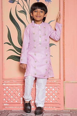 Blush Pink Soft Cotton Blend Floral Embroidered Kurta Set For Boys by Kirti Agarwal Pret n Couture