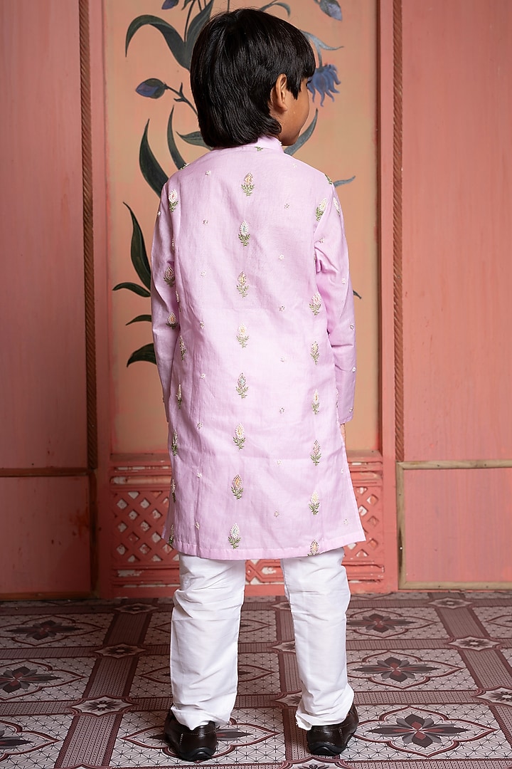 Blush Pink Soft Cotton Blend Floral Embroidered Kurta Set For Boys by Kirti Agarwal Pret n Couture at Pernia's Pop Up Shop