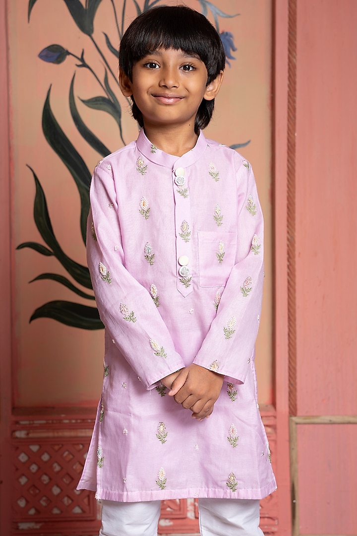 Blush Pink Soft Cotton Blend Floral Embroidered Kurta Set For Boys by Kirti Agarwal Pret n Couture at Pernia's Pop Up Shop