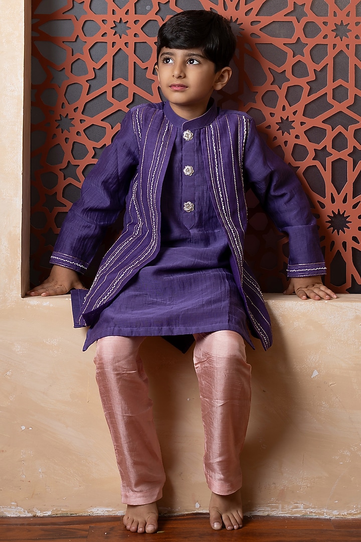 Purple Mul Chanderi & Dola Silk Gota Embroidered Kurta Set For Boys by Kirti Agarwal Pret n Couture at Pernia's Pop Up Shop