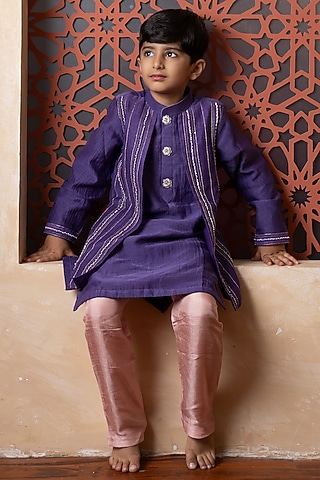 Purple Mul Chanderi & Dola Silk Gota Embroidered Kurta Set For Boys by Kirti Agarwal Pret n Couture
