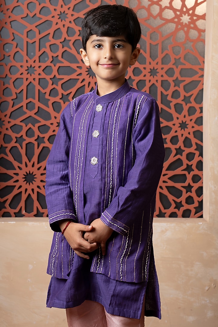 Purple Mul Chanderi & Dola Silk Gota Embroidered Kurta Set For Boys by Kirti Agarwal Pret n Couture at Pernia's Pop Up Shop