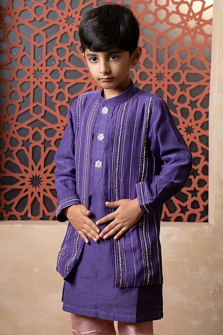 Purple Mul Chanderi & Dola Silk Gota Embroidered Kurta Set For Boys by Kirti Agarwal Pret n Couture at Pernia's Pop Up Shop