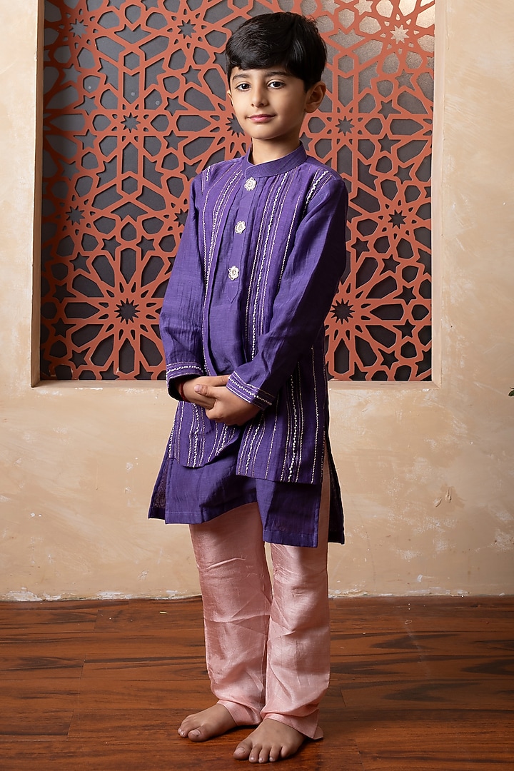Purple Mul Chanderi & Dola Silk Gota Embroidered Kurta Set For Boys by Kirti Agarwal Pret n Couture at Pernia's Pop Up Shop