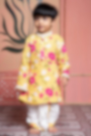 Yellow Pure Linen & Cotton Silk Floral Printed Kurta Set For Boys by Kirti Agarwal Pret n Couture at Pernia's Pop Up Shop