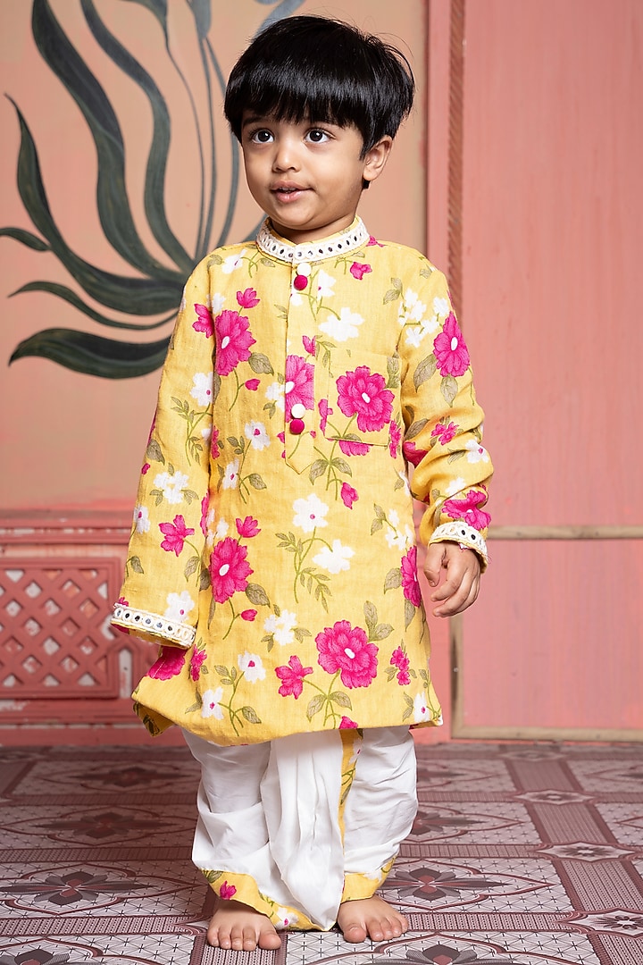 Yellow Pure Linen & Cotton Silk Floral Printed Kurta Set For Boys by Kirti Agarwal Pret n Couture at Pernia's Pop Up Shop