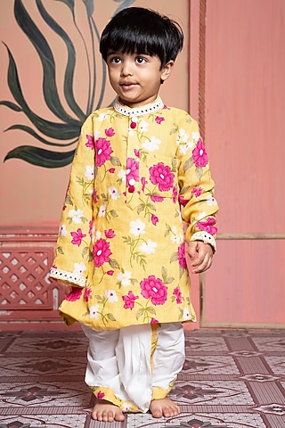Yellow Pure Linen & Cotton Silk Floral Printed Kurta Set For Boys by Kirti Agarwal Pret n Couture