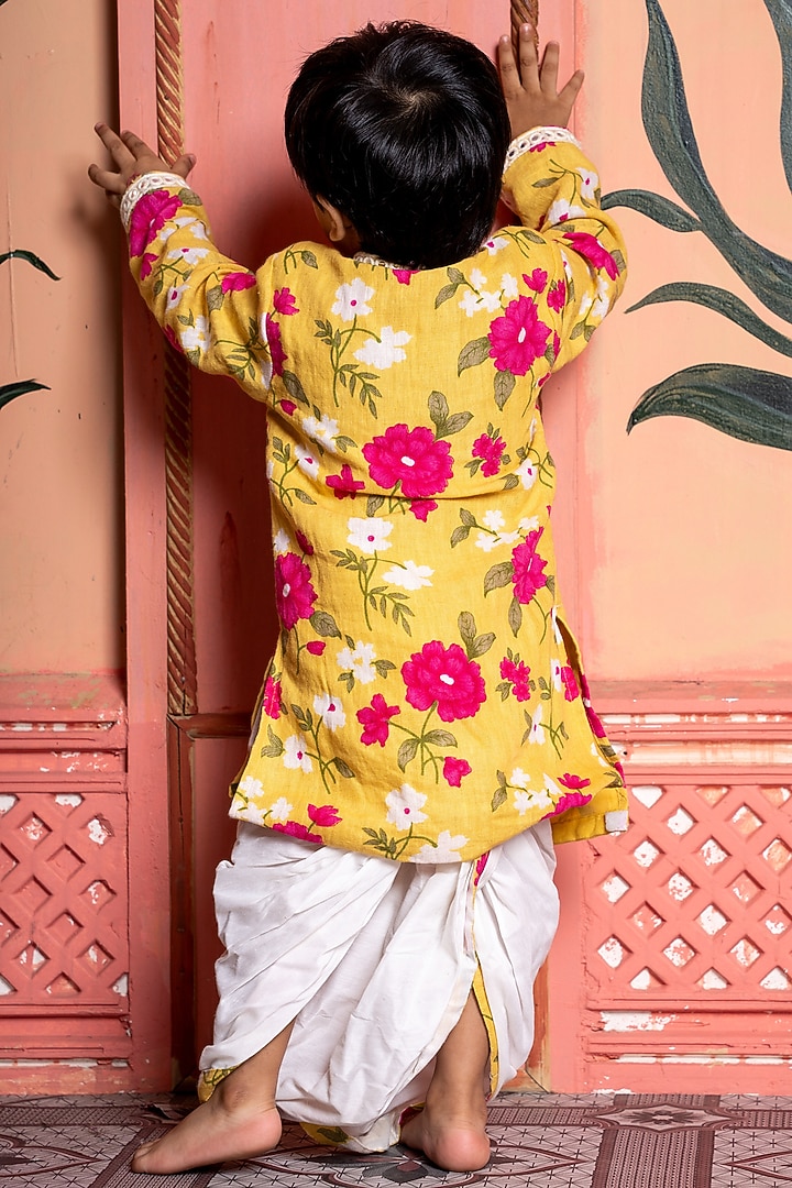 Yellow Pure Linen & Cotton Silk Floral Printed Kurta Set For Boys by Kirti Agarwal Pret n Couture at Pernia's Pop Up Shop