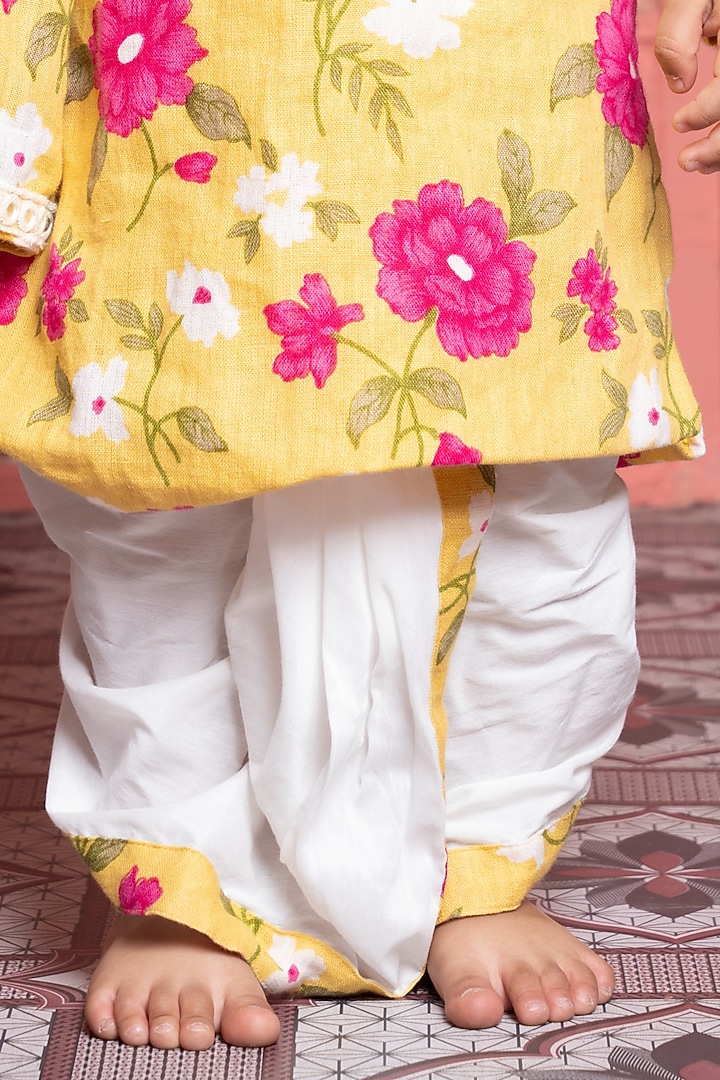Yellow Pure Linen & Cotton Silk Floral Printed Kurta Set For Boys by Kirti Agarwal Pret n Couture at Pernia's Pop Up Shop