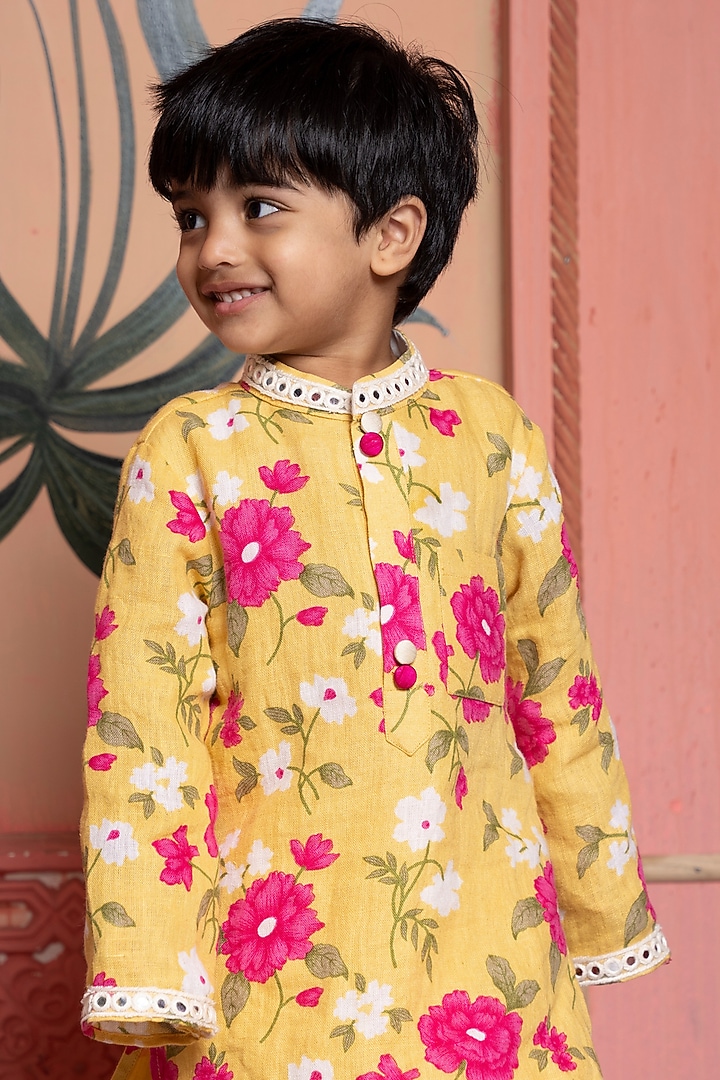 Yellow Pure Linen & Cotton Silk Floral Printed Kurta Set For Boys by Kirti Agarwal Pret n Couture at Pernia's Pop Up Shop
