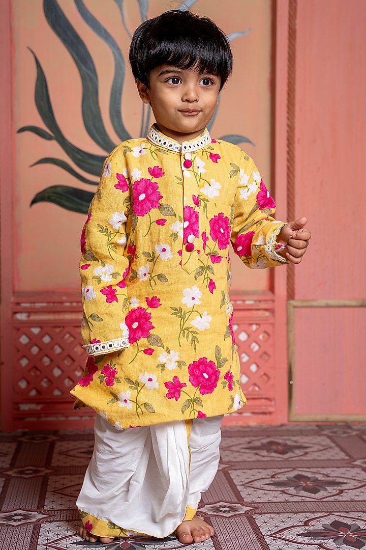 Yellow Pure Linen & Cotton Silk Floral Printed Kurta Set For Boys by Kirti Agarwal Pret n Couture at Pernia's Pop Up Shop