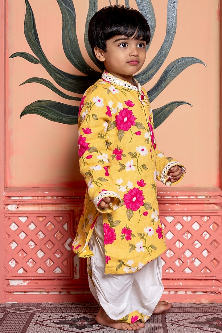 Yellow Pure Linen & Cotton Silk Floral Printed Kurta Set For Boys by Kirti Agarwal Pret n Couture at Pernia's Pop Up Shop