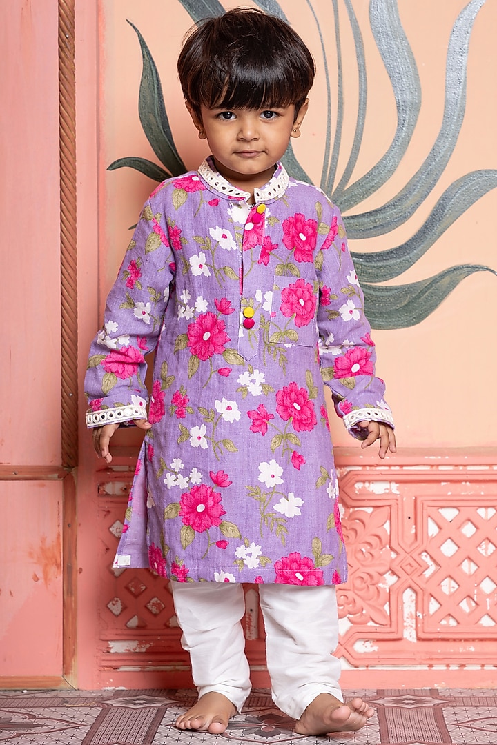 Lavender Pure Linen & Cotton Silk Floral Printed Kurta Set For Boys by Kirti Agarwal Pret n Couture at Pernia's Pop Up Shop