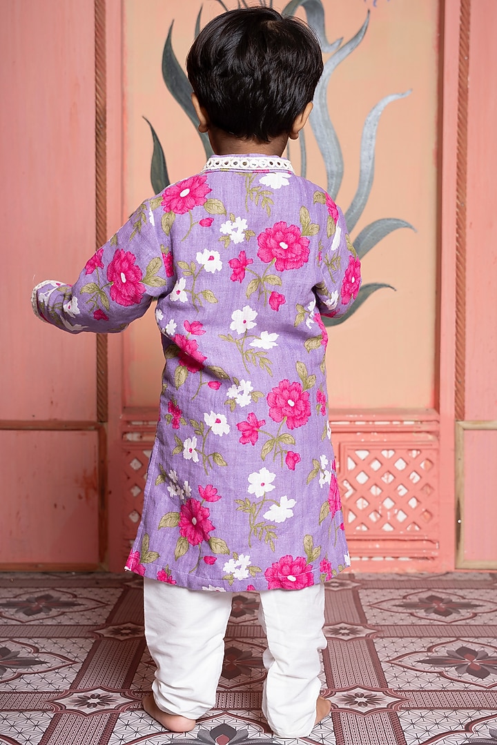 Lavender Pure Linen & Cotton Silk Floral Printed Kurta Set For Boys by Kirti Agarwal Pret n Couture at Pernia's Pop Up Shop