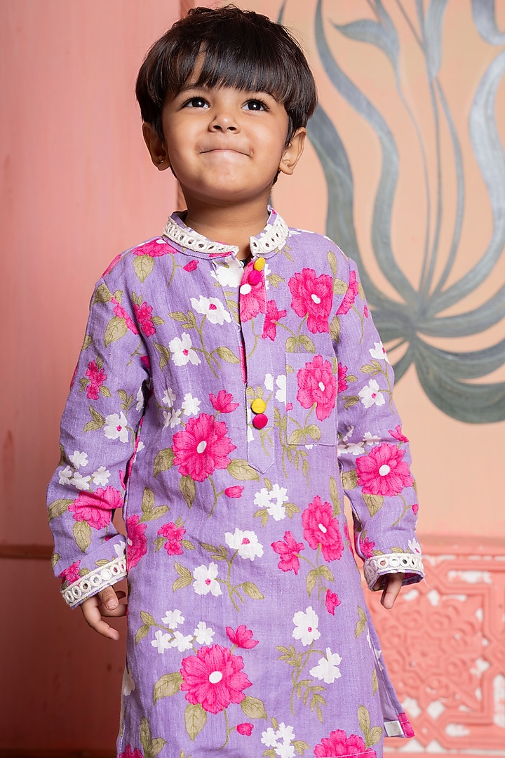 Lavender Pure Linen & Cotton Silk Floral Printed Kurta Set For Boys by Kirti Agarwal Pret n Couture at Pernia's Pop Up Shop