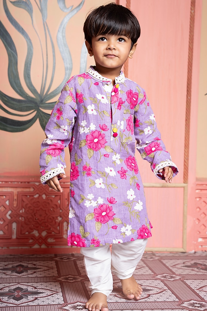 Lavender Pure Linen & Cotton Silk Floral Printed Kurta Set For Boys by Kirti Agarwal Pret n Couture at Pernia's Pop Up Shop