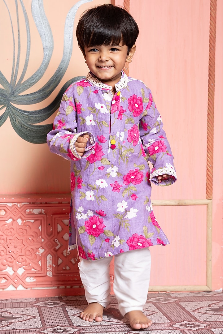 Lavender Pure Linen & Cotton Silk Floral Printed Kurta Set For Boys by Kirti Agarwal Pret n Couture at Pernia's Pop Up Shop