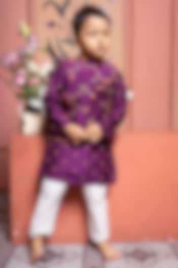 Purple Silk Floral Printed & Embroidered Nehru Jacket Set For Boys by Kirti Agarwal Pret n Couture at Pernia's Pop Up Shop