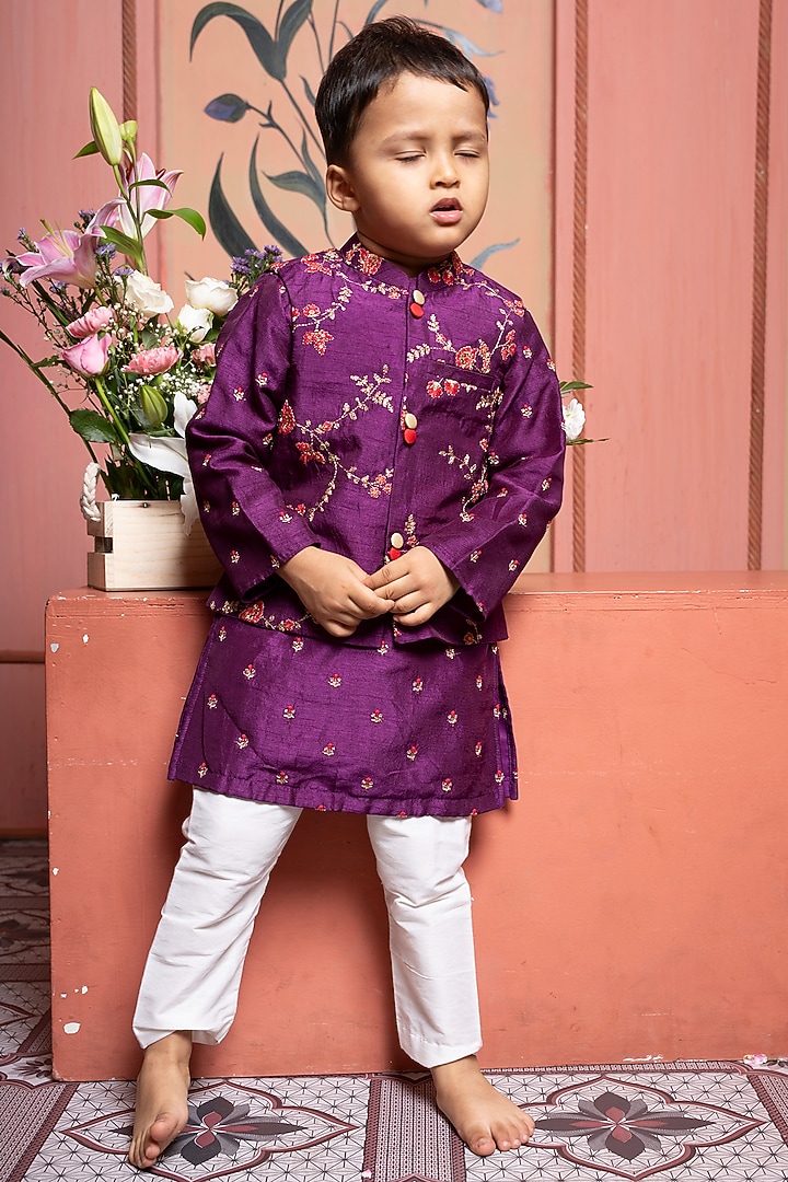 Purple Silk Floral Printed & Embroidered Nehru Jacket Set For Boys by Kirti Agarwal Pret n Couture at Pernia's Pop Up Shop