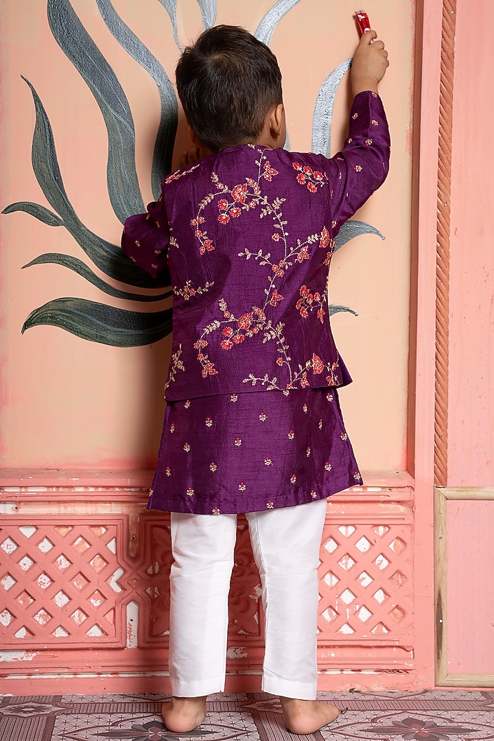 Purple Silk Floral Printed & Embroidered Nehru Jacket Set For Boys by Kirti Agarwal Pret n Couture at Pernia's Pop Up Shop