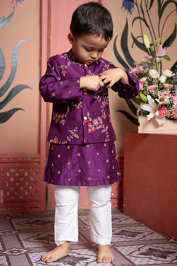 Purple Silk Floral Printed & Embroidered Nehru Jacket Set For Boys by Kirti Agarwal Pret n Couture at Pernia's Pop Up Shop