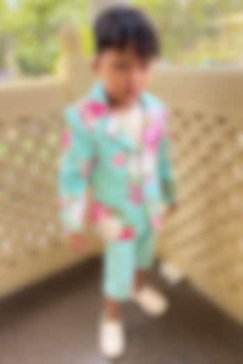 Mint Green Pure Linen & Cotton Linen Floral Printed Blazer Set For Boys by Kirti Agarwal Pret n Couture at Pernia's Pop Up Shop
