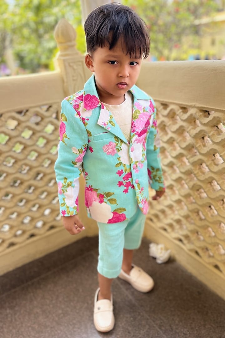 Mint Green Pure Linen & Cotton Linen Floral Printed Blazer Set For Boys by Kirti Agarwal Pret n Couture at Pernia's Pop Up Shop