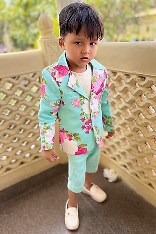 Mint Green Pure Linen & Cotton Linen Floral Printed Blazer Set For Boys by Kirti Agarwal Pret n Couture