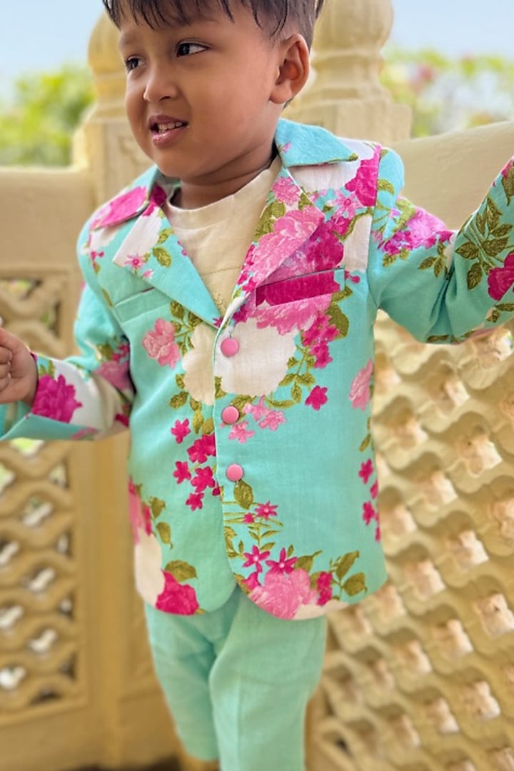 Mint Green Pure Linen & Cotton Linen Floral Printed Blazer Set For Boys by Kirti Agarwal Pret n Couture at Pernia's Pop Up Shop