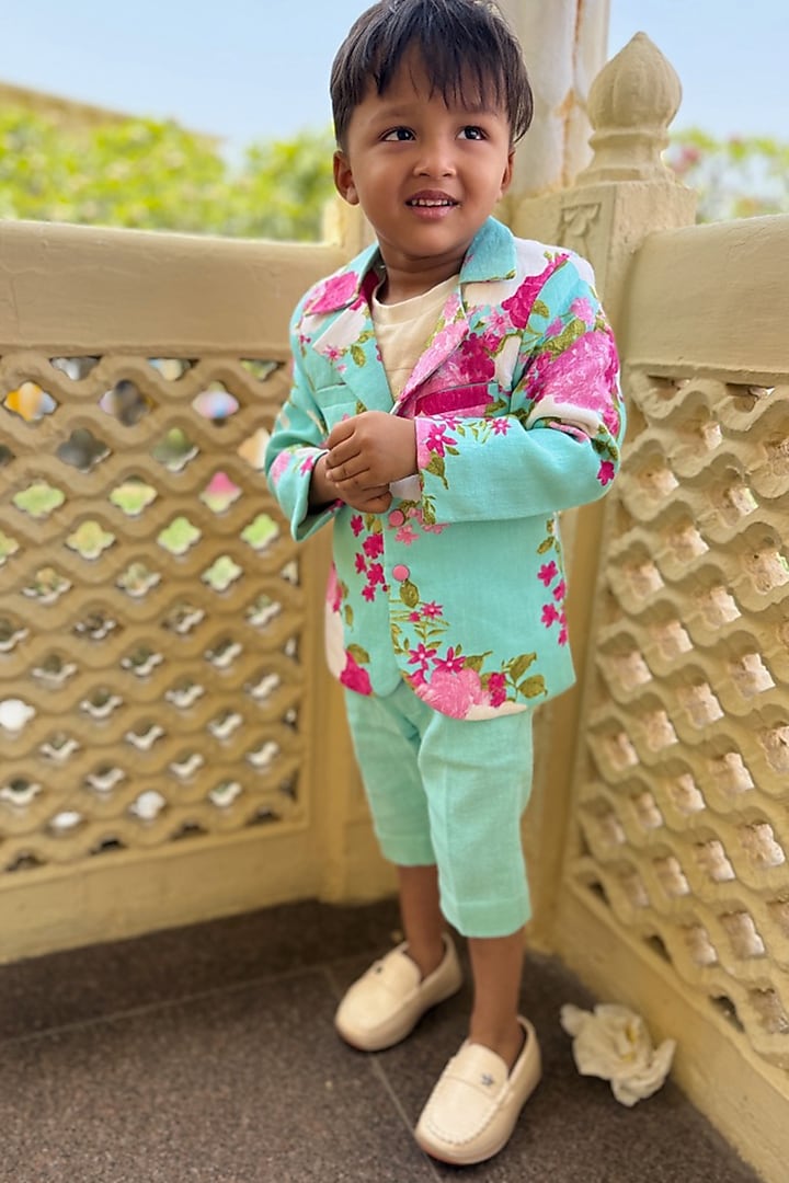 Mint Green Pure Linen & Cotton Linen Floral Printed Blazer Set For Boys by Kirti Agarwal Pret n Couture at Pernia's Pop Up Shop