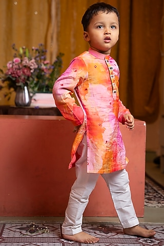 Multi-Colored Satin Organza Crepe Handpainted Kurta Set For Boys by Kirti Agarwal Pret n Couture