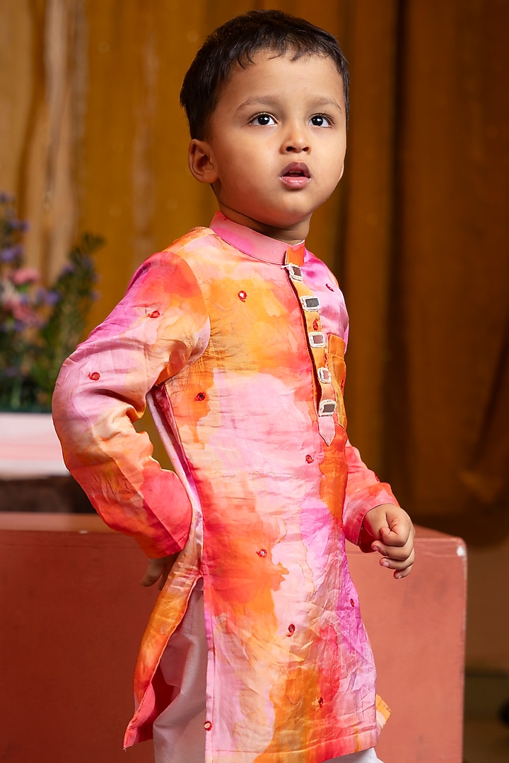 Multi-Colored Satin Organza Crepe Handpainted Kurta Set For Boys by Kirti Agarwal Pret n Couture at Pernia's Pop Up Shop
